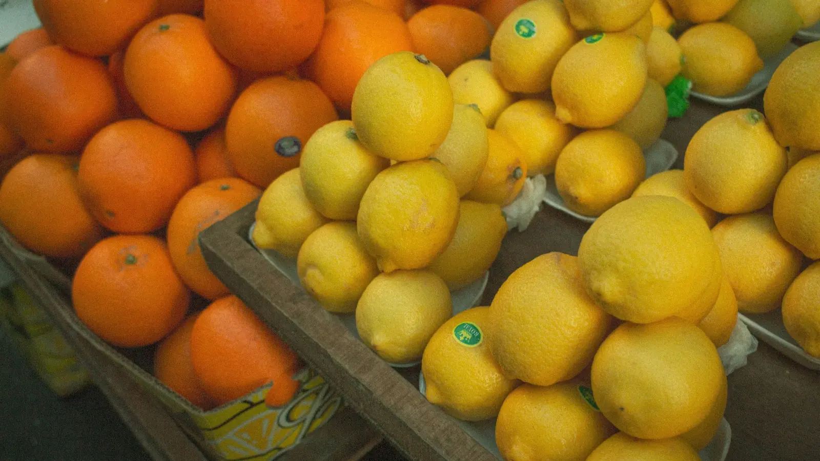 Appelsiner og sitroner i kasser